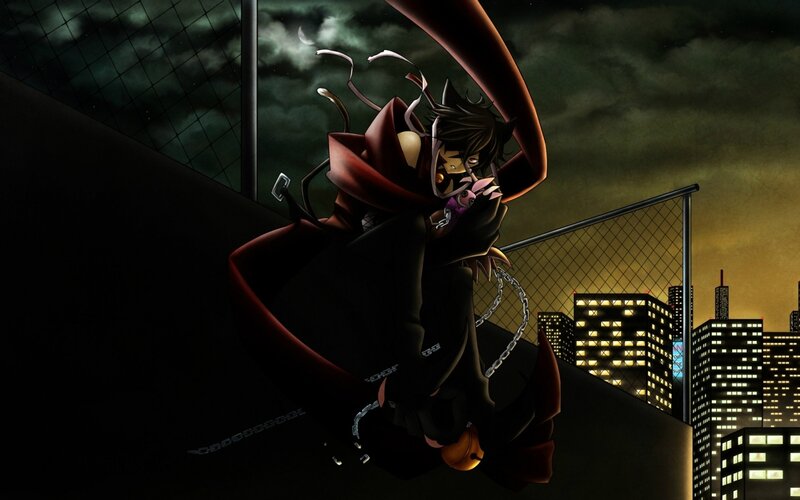 Anime Character on Rooftop — Black, Dramatic, Night