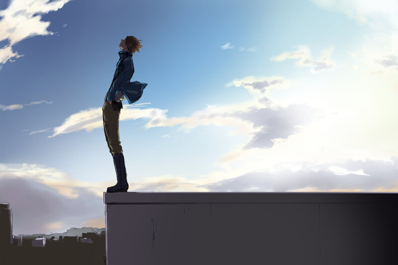 Anime Character on Rooftop — Blue, Serene
