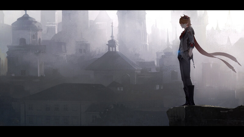 Anime Character on Rooftop — Gray, Dramatic, Morning
