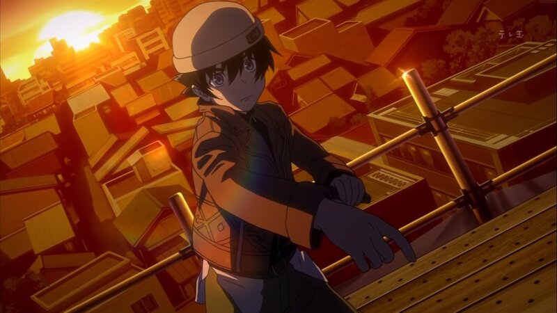 Anime Character on Rooftop — Orange, Dramatic, Sunset