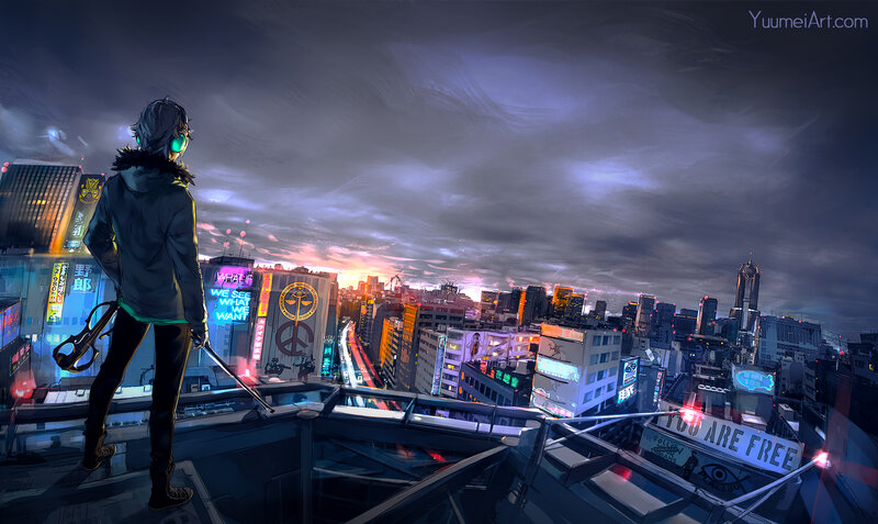Anime Character on Rooftop — Purple, Dramatic, Sunset, Digital Art