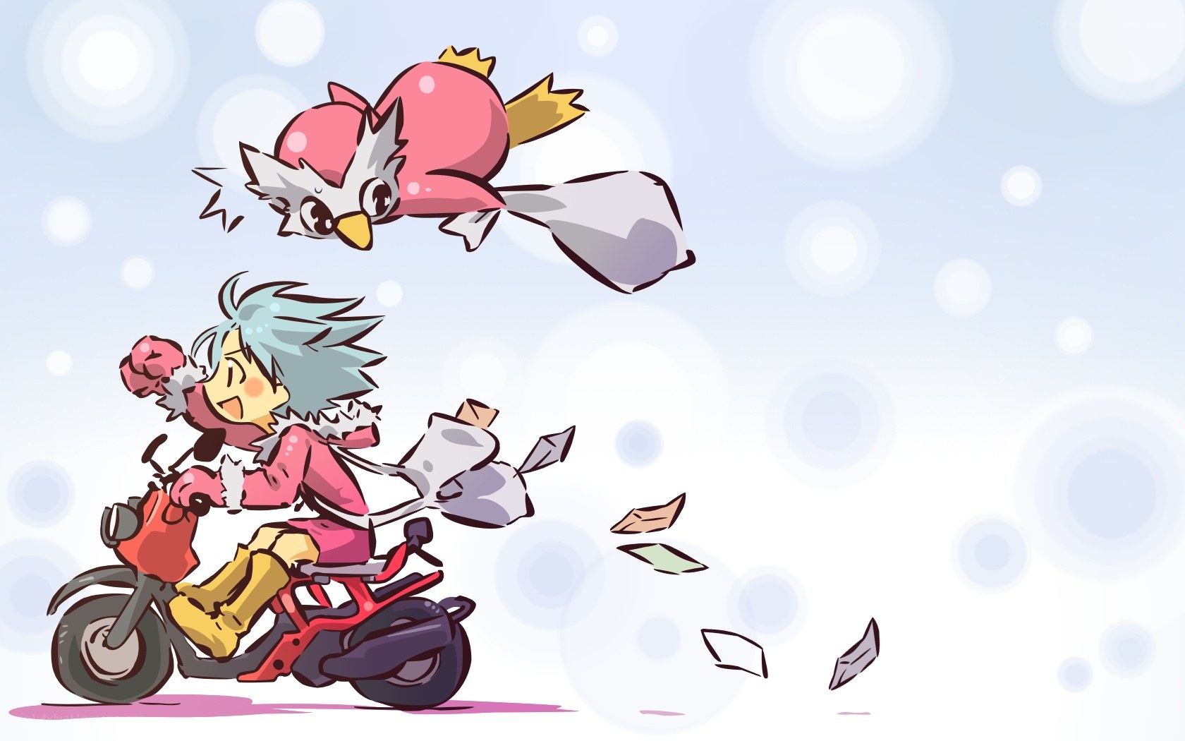 anime character on scooter with bird