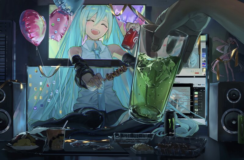 Anime Character on Screen — Blue, Celebratory