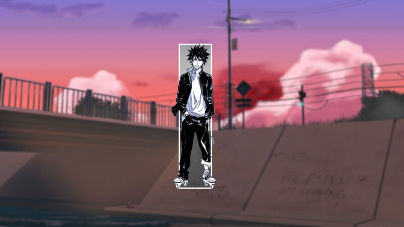 Anime Character on Skateboard — Purple