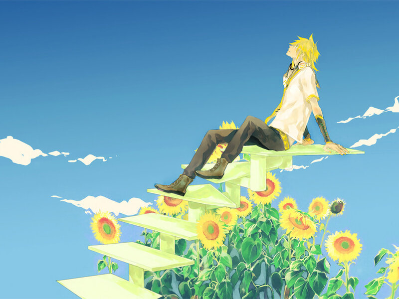 Anime character on sunflower stairs