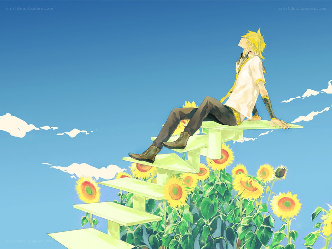 Anime character on sunflower stairs