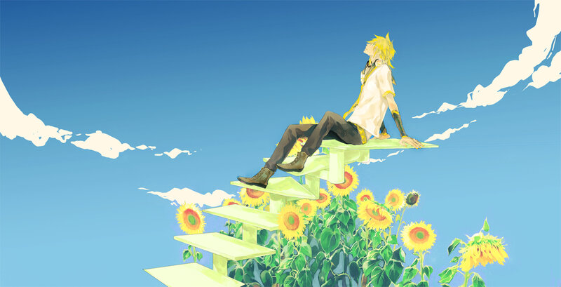 Anime character on sunflower stairs