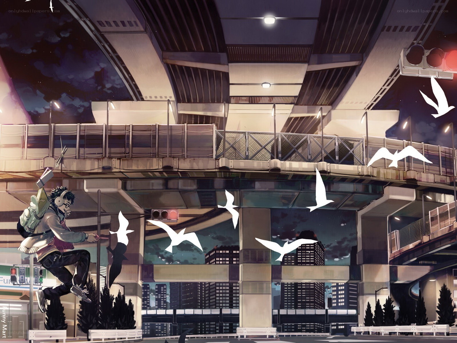 Anime character on urban overpass