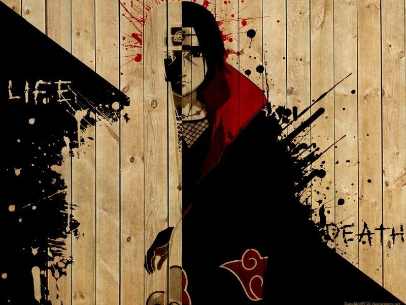 Anime Character on Wood — Brown, Dramatic, Digital Art, Blood Splatters