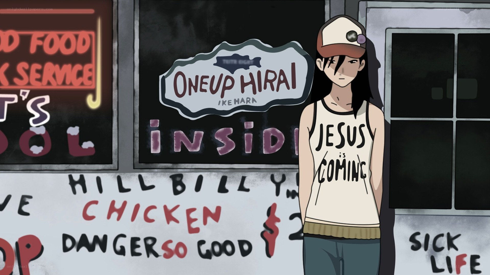 anime character outside restaurant