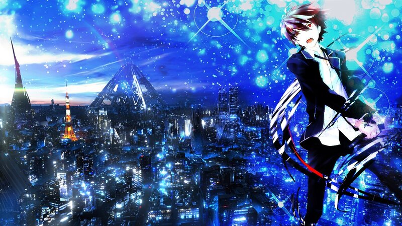 anime character over cityscape