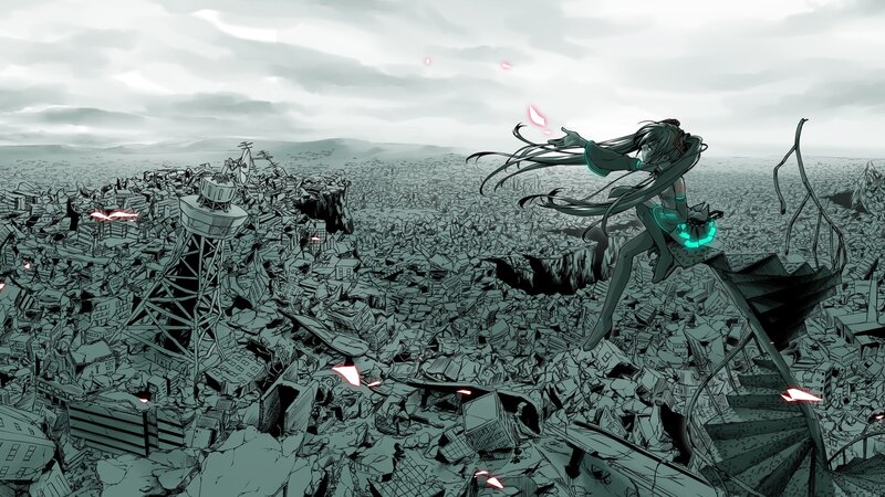 Anime character over ruined city
