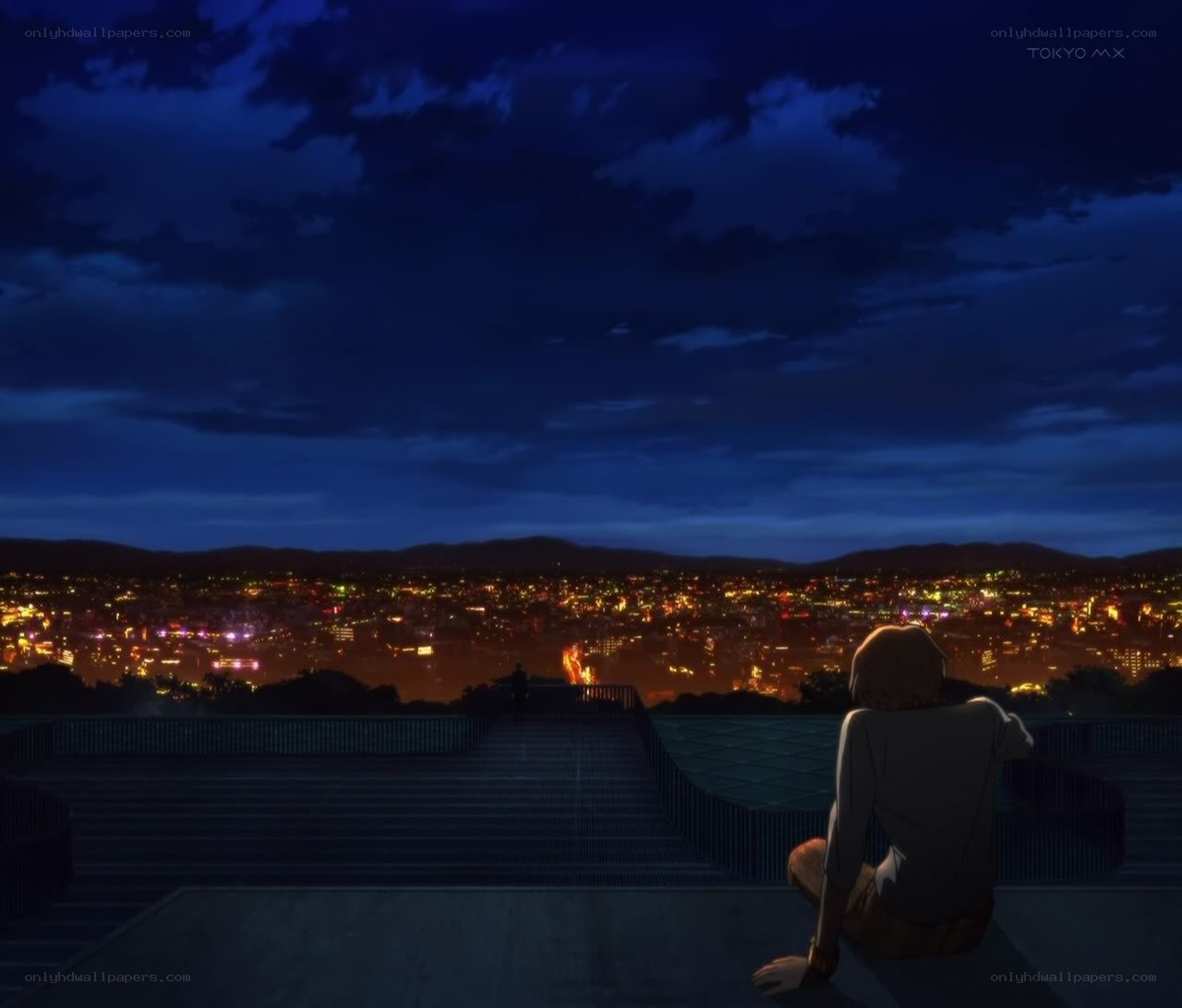 anime character overlooking city at night
