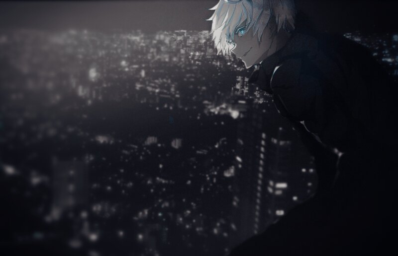 Anime Character Overlooking City — Black