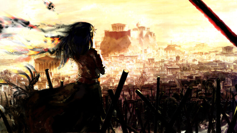 Anime Character Overlooking City — Yellow, Dramatic, Sunset, Digital Art