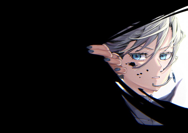 Anime Character Peeking — Black, Dramatic, Blue Eyes