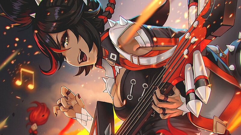 Anime Character Playing Bass — Red, Energetic