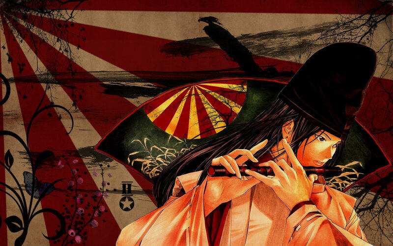 Anime Character Playing Flute — Red, Dramatic