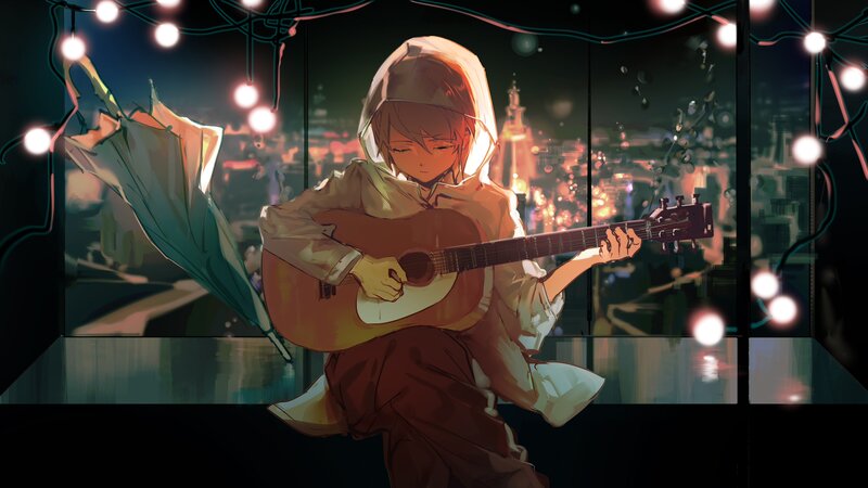 Anime Character Playing Guitar — Brown, Calm