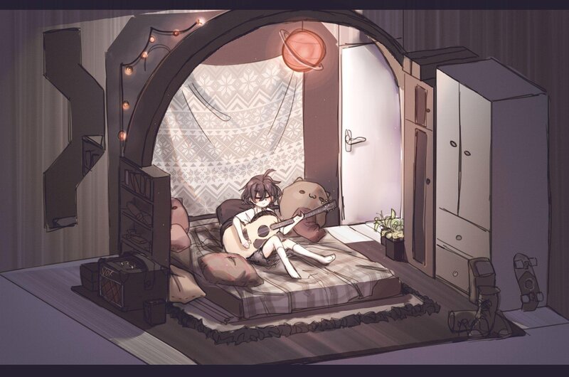 Anime Character Playing Guitar — Purple, Cozy
