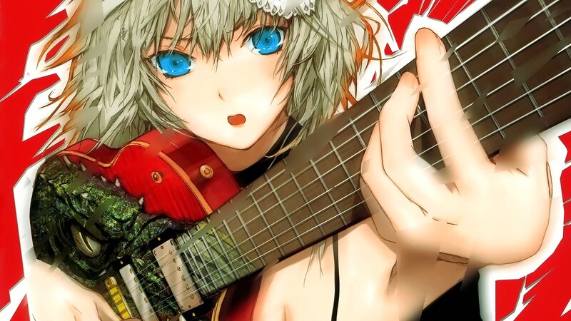 Anime Character Playing Guitar — Red, Dramatic
