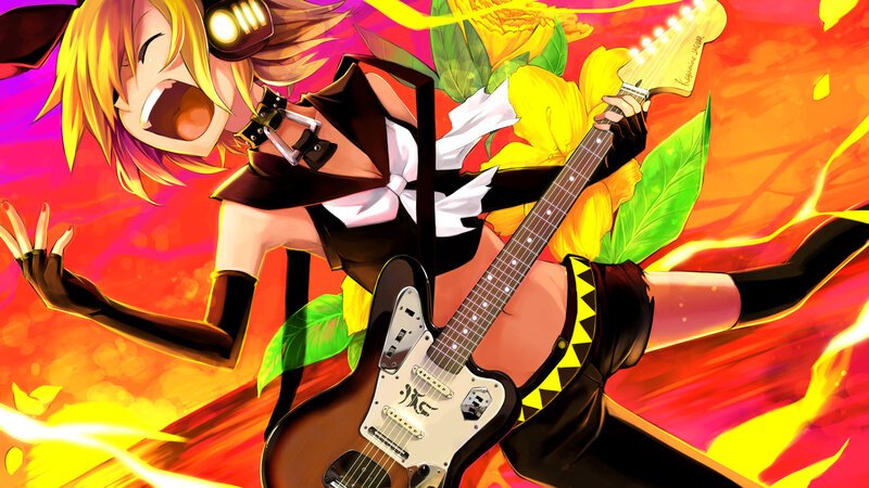 Anime Character Playing Guitar — Yellow, Energetic