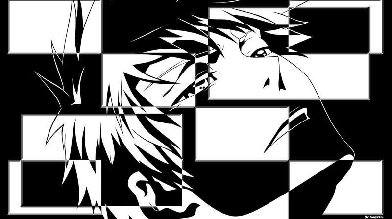 Anime Character Portrait — Black, Dramatic, Manga, Checkered Pattern