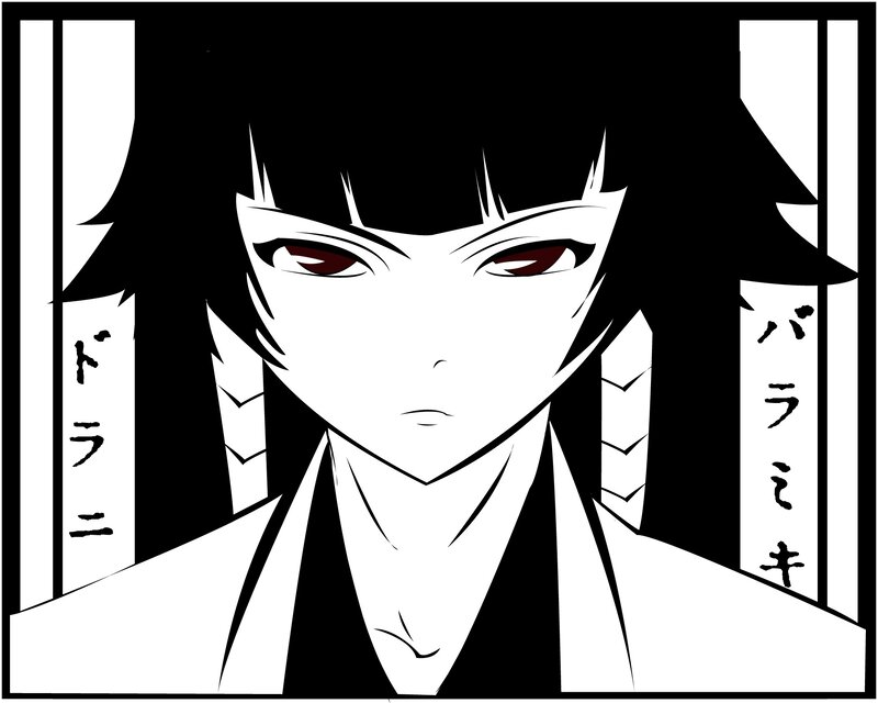 Anime Character Portrait — Black, Dramatic, Manga, Text, Hair