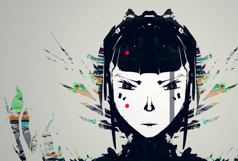 Anime Character Portrait — White, Dramatic, Digital Art, Red Dots