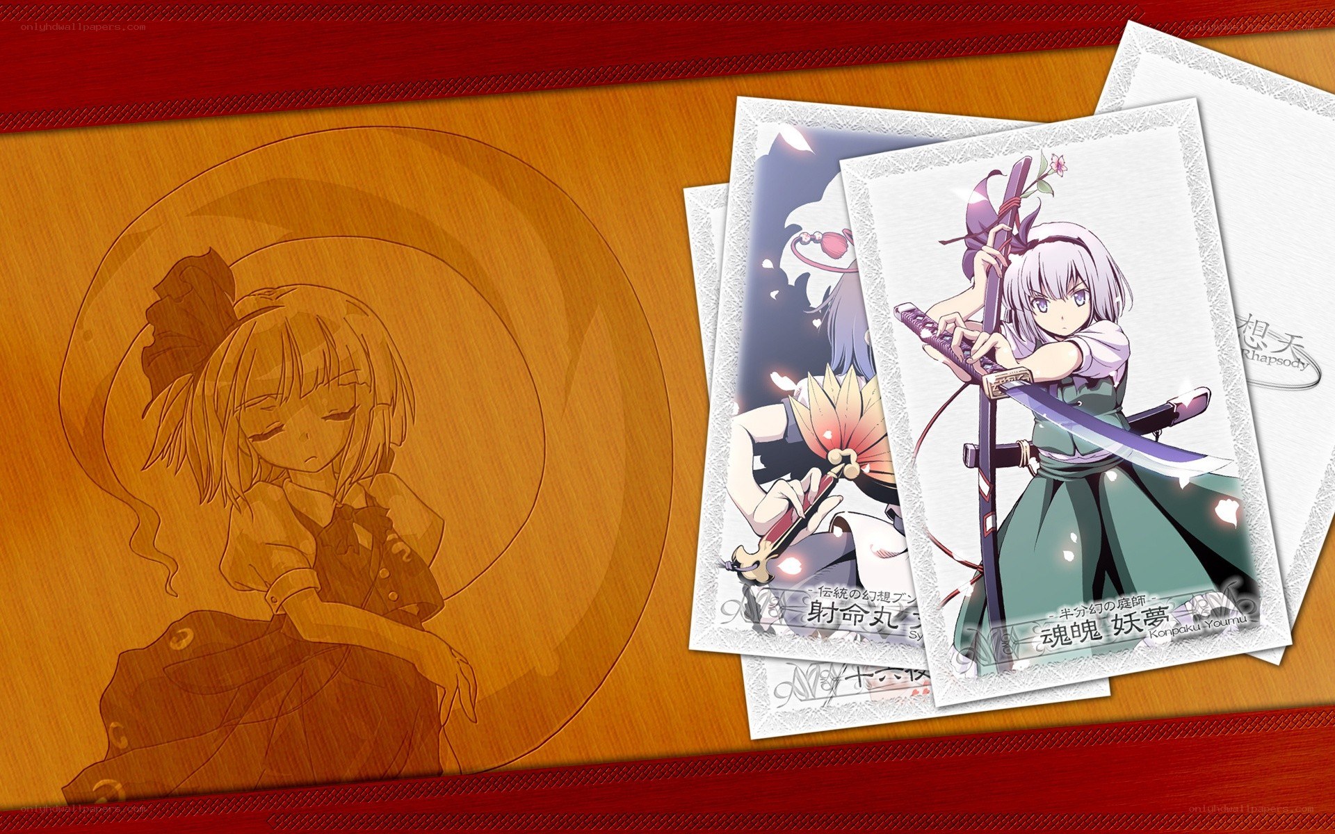 Anime character postcards on wood