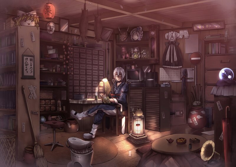 Anime character reading in a cluttered room