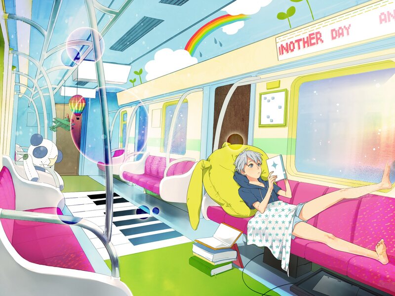 Anime character reading on train