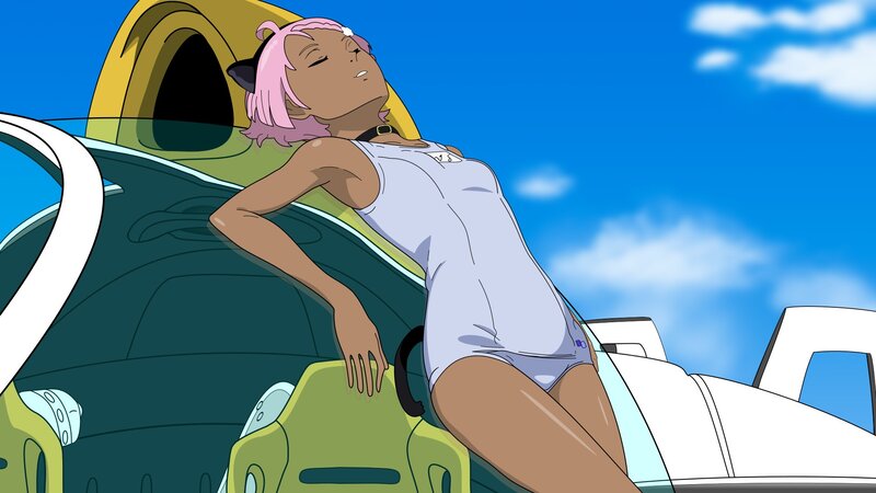 anime character relaxing in cockpit