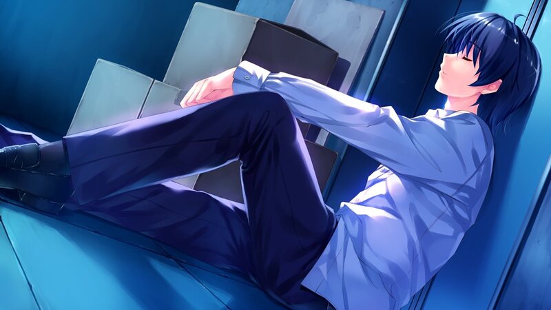 anime character resting in blue room