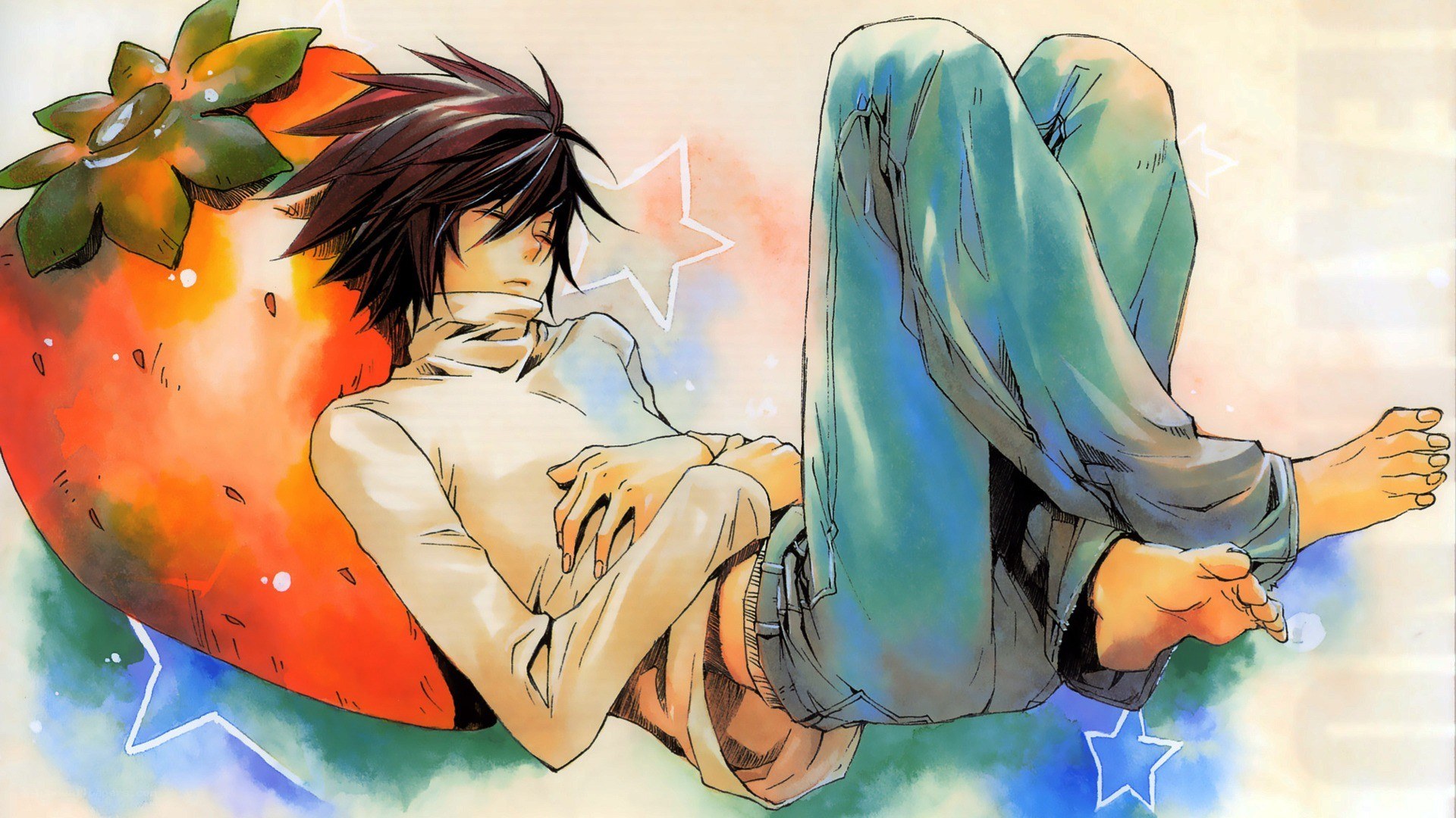 anime character resting on strawberry
