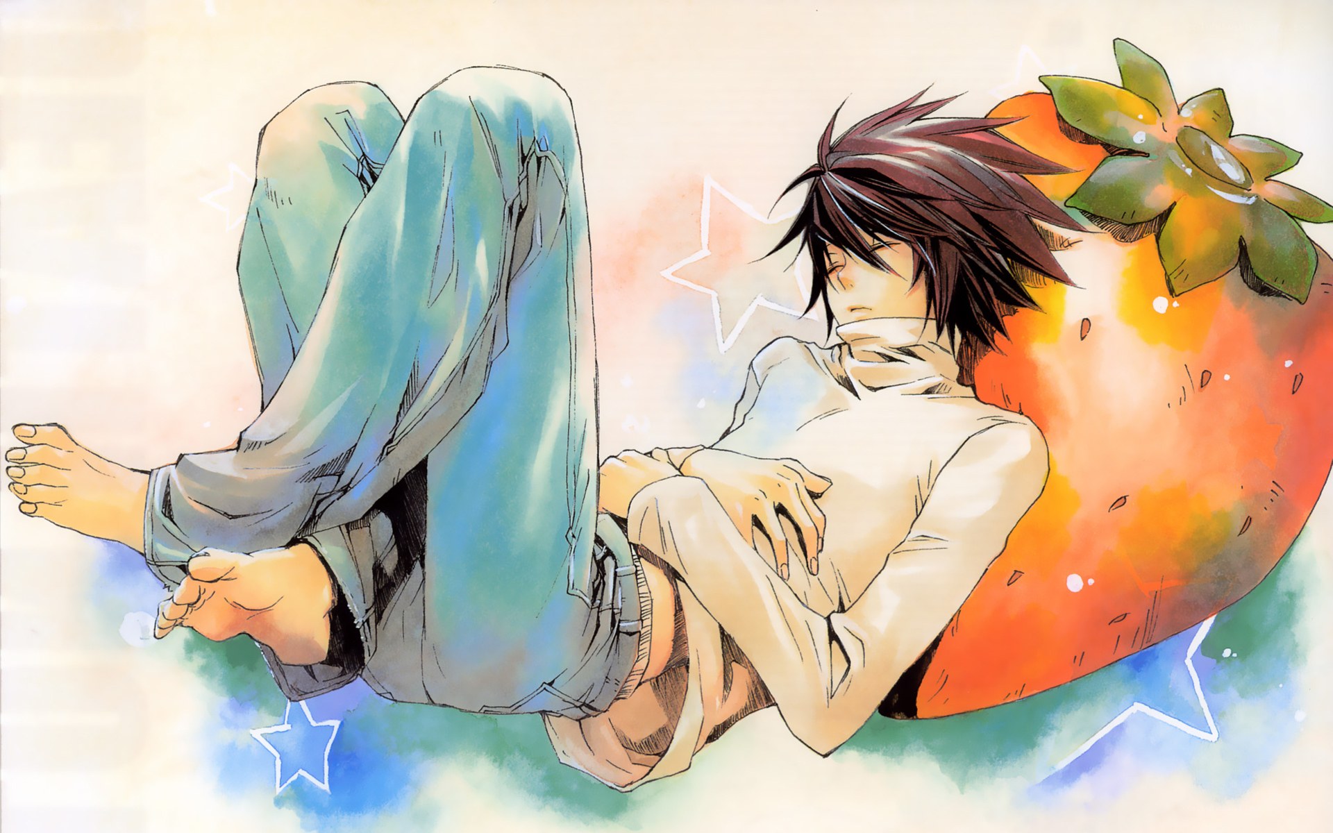 anime character resting on strawberry