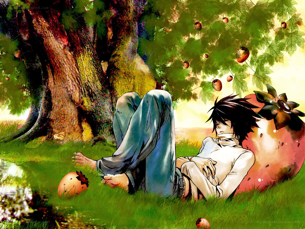 Anime character resting under a tree