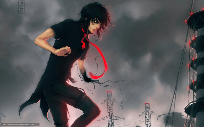 Anime Character Running — Black, Dramatic, Digital Art, Power Lines, Stormy Sky