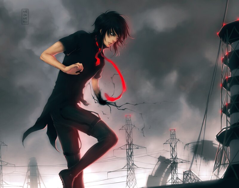 Anime Character Running — Black, Dramatic, Digital Art, Power Lines