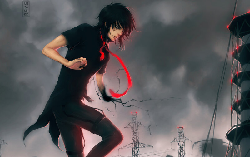 Anime Character Running — Black, Dramatic, Digital Art