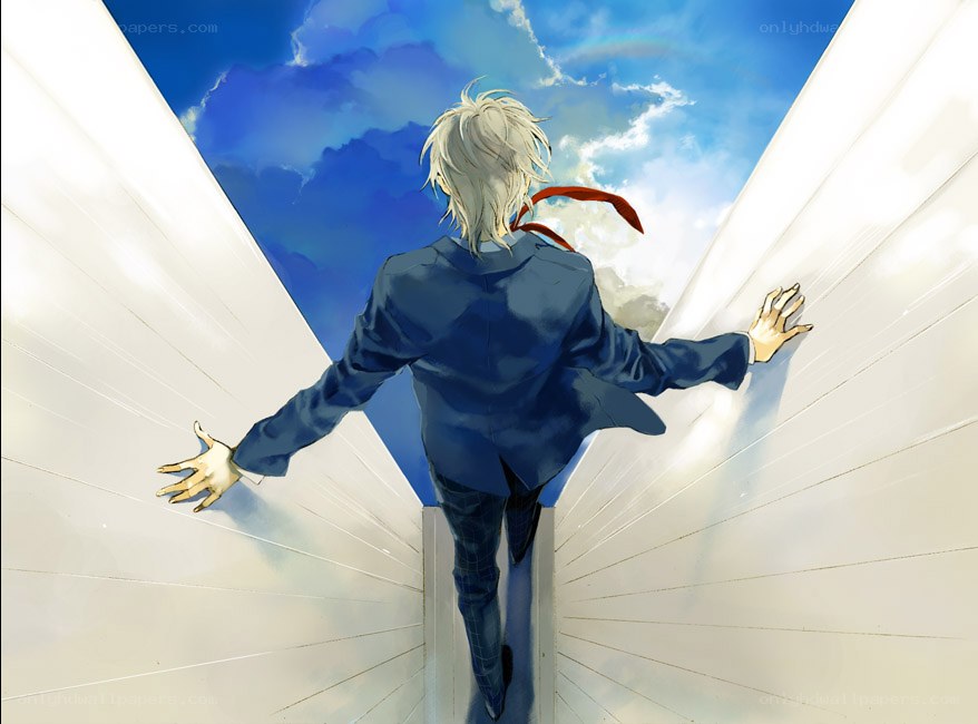 anime character running toward sky