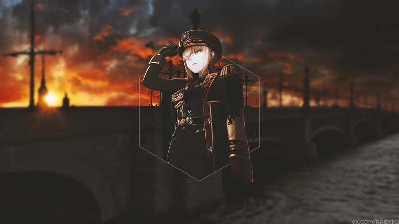 Anime Character Saluting — Black, Dramatic, Sunset