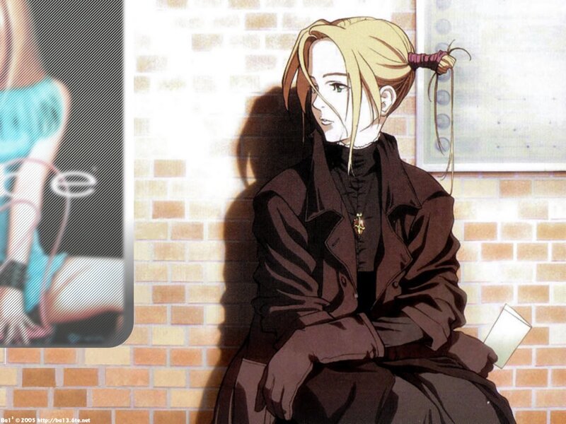 anime character sitting against brick wall