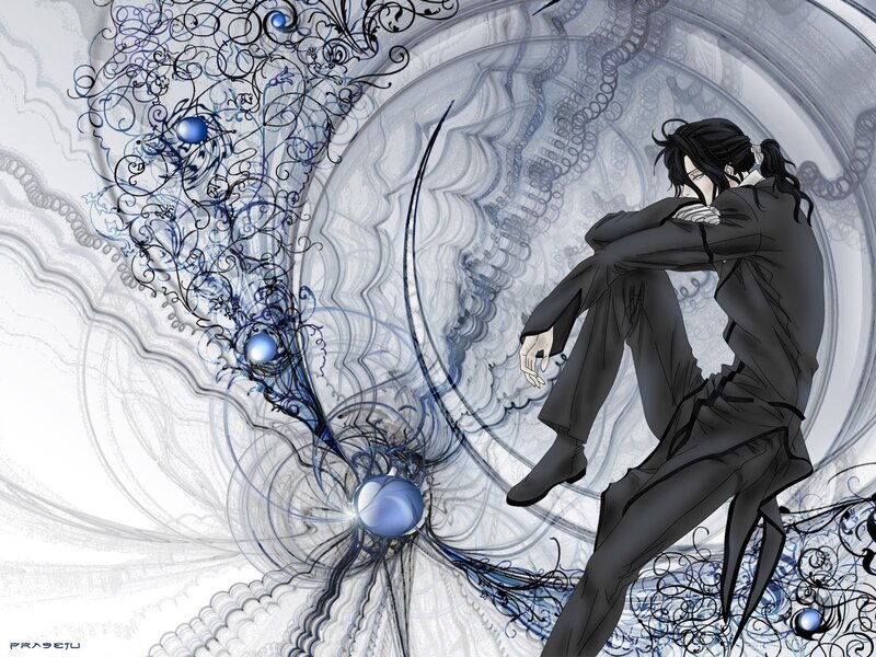 Anime Character Sitting — Black, Dramatic, Manga, Swirls