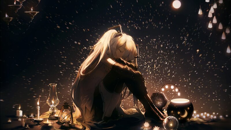 Anime Character Sitting — Black, Dramatic, Night, Digital Art