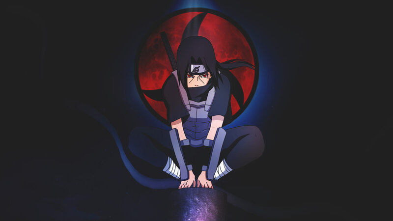 Anime Character Sitting — Black, Dramatic, Night, Red Moon