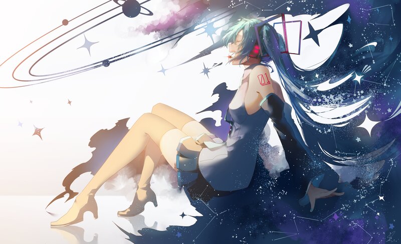 Anime Character Sitting — Blue, Dreamy