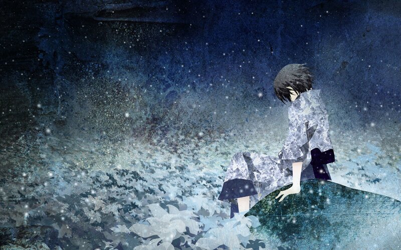 Anime Character Sitting — Blue, Melancholic, Night