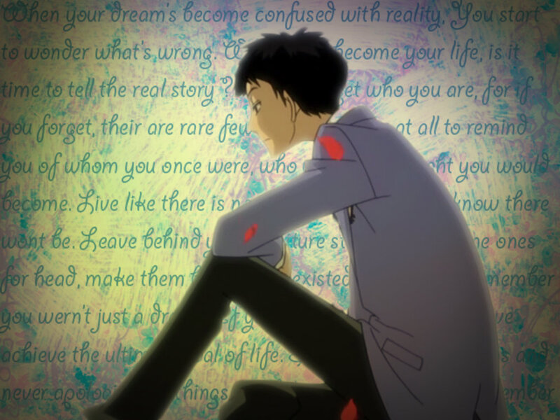 Anime Character Sitting — Gray, Melancholic, Text