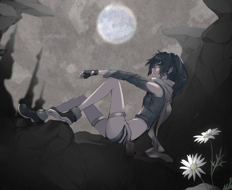 Anime Character Sitting — Gray, Serene, Night